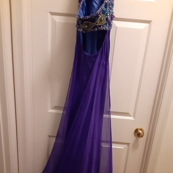 Asymmetrical Rhinestones Halter Back Gown - Picture 10 of 10